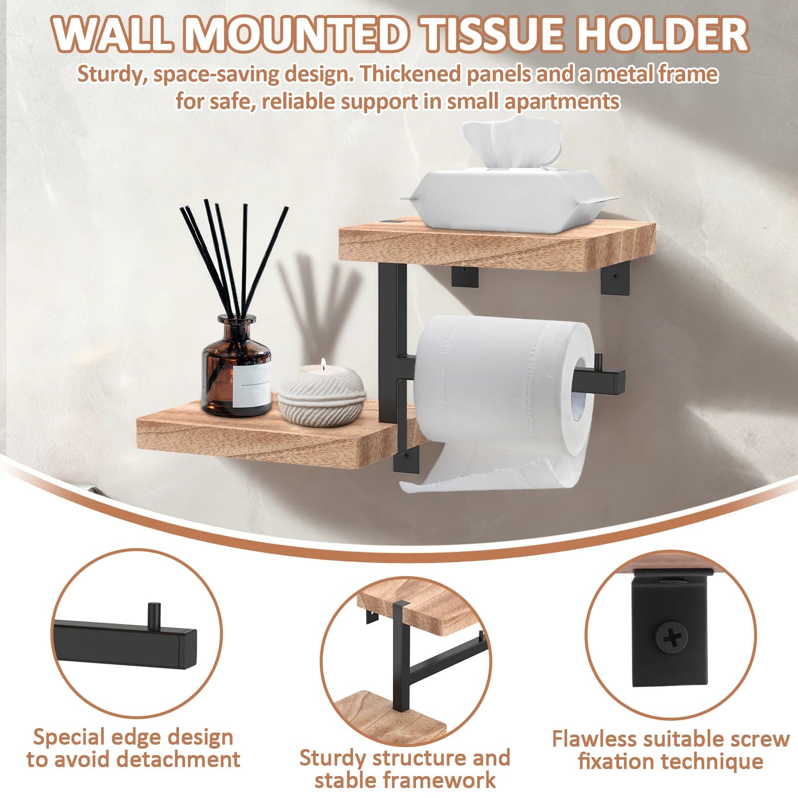 Wall Mounted Wooden Toilet Paper Holder with Storage Shelf