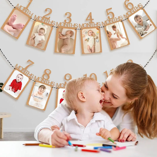 Baby First Birthday Banner Kraft Paper Growth Record 1-12 Month Photo