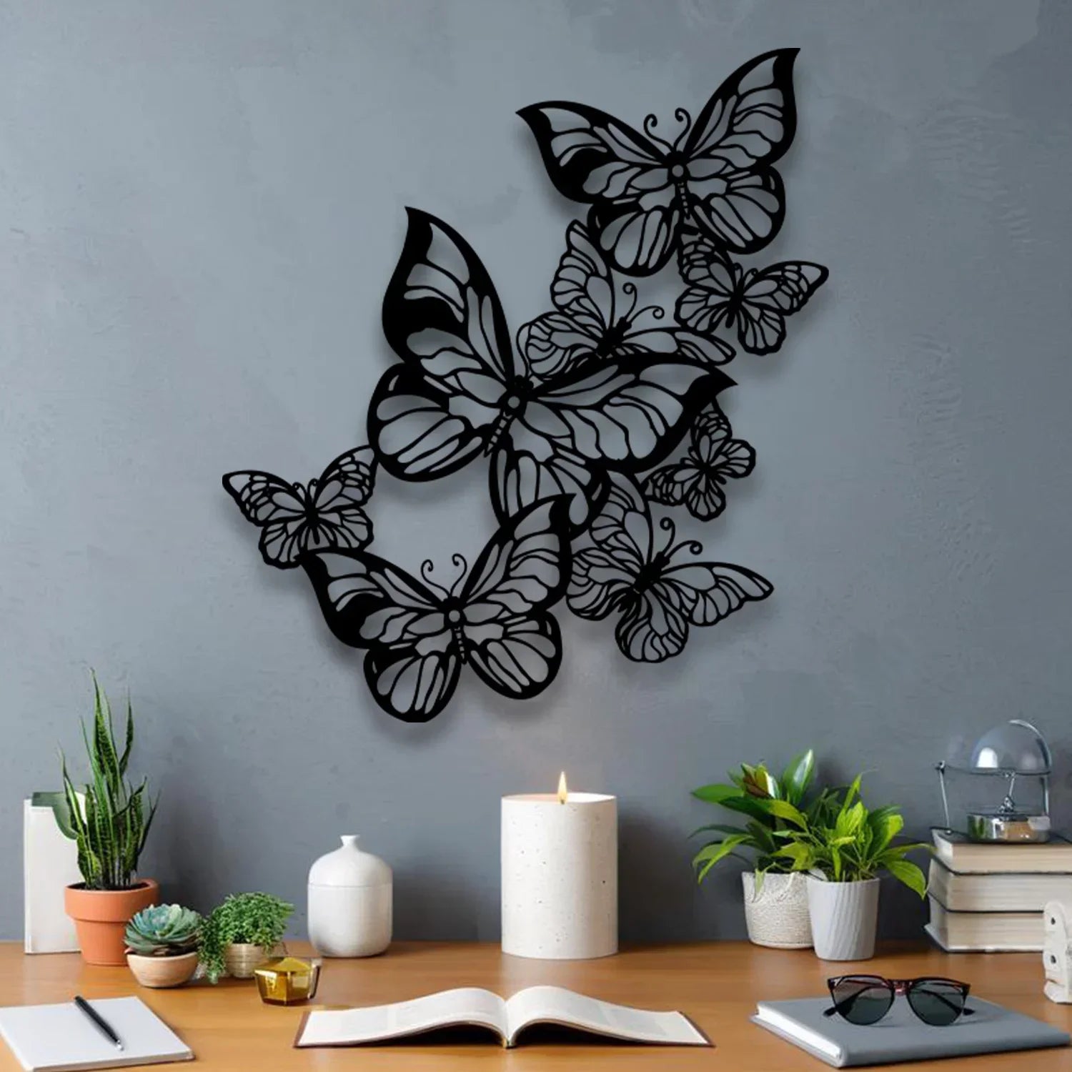 Black White Butterfly Flower Metal Wall Art Iron Sculpture Decor
