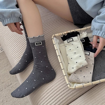 Cotton Frilly Dot Pattern Long Socks - Breathable Preppy Style