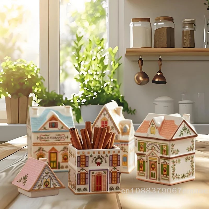 Mini Gingerbread House Spice Jar Set Holiday Village Kitchen Decor