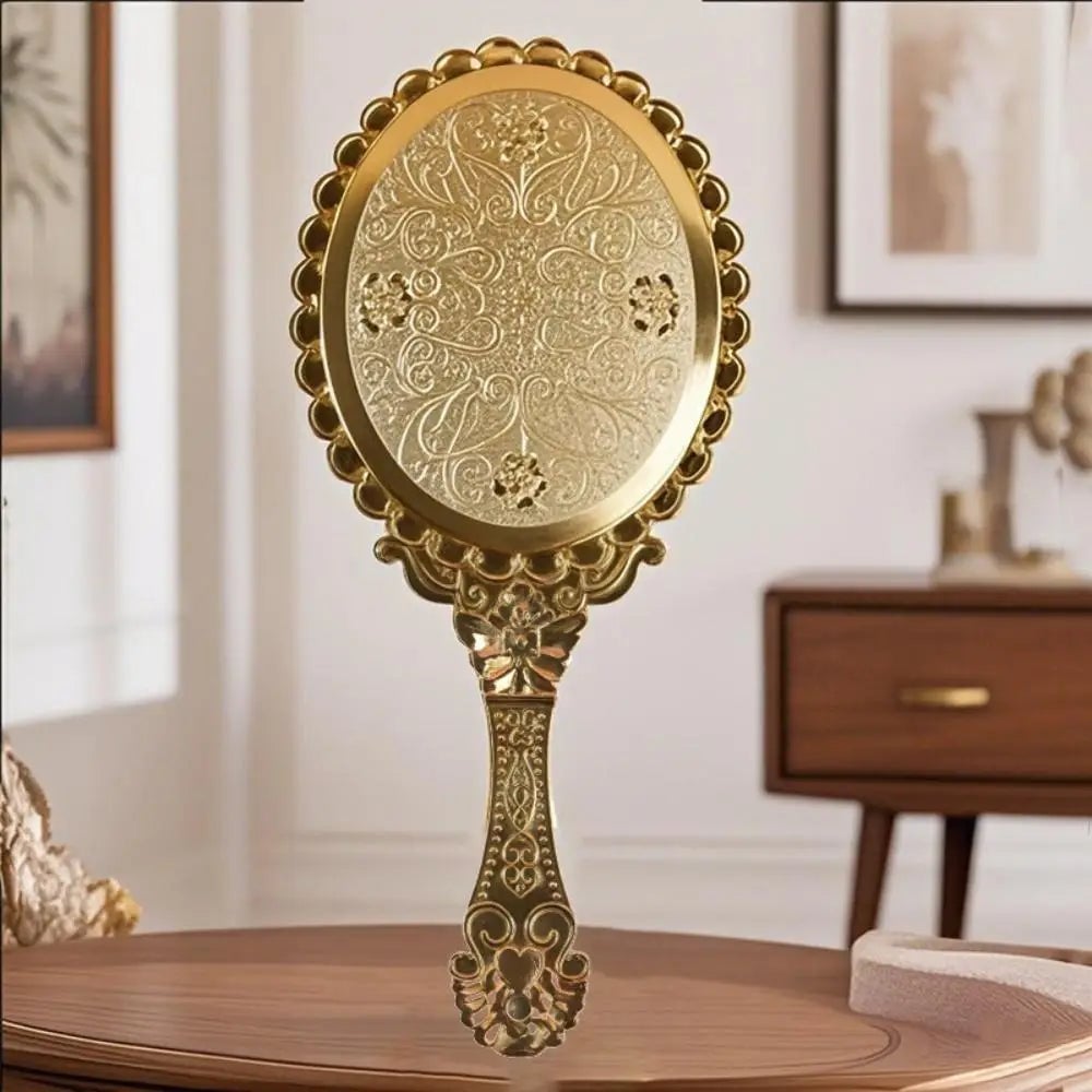 Vintage Oval Round Handheld Makeup Mirror Patterned Beauty Tool