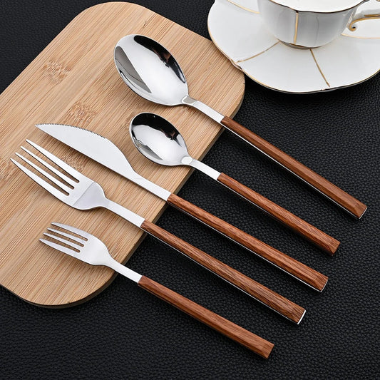 30-Piece Stainless Steel Flatware Set with Wooden Handles