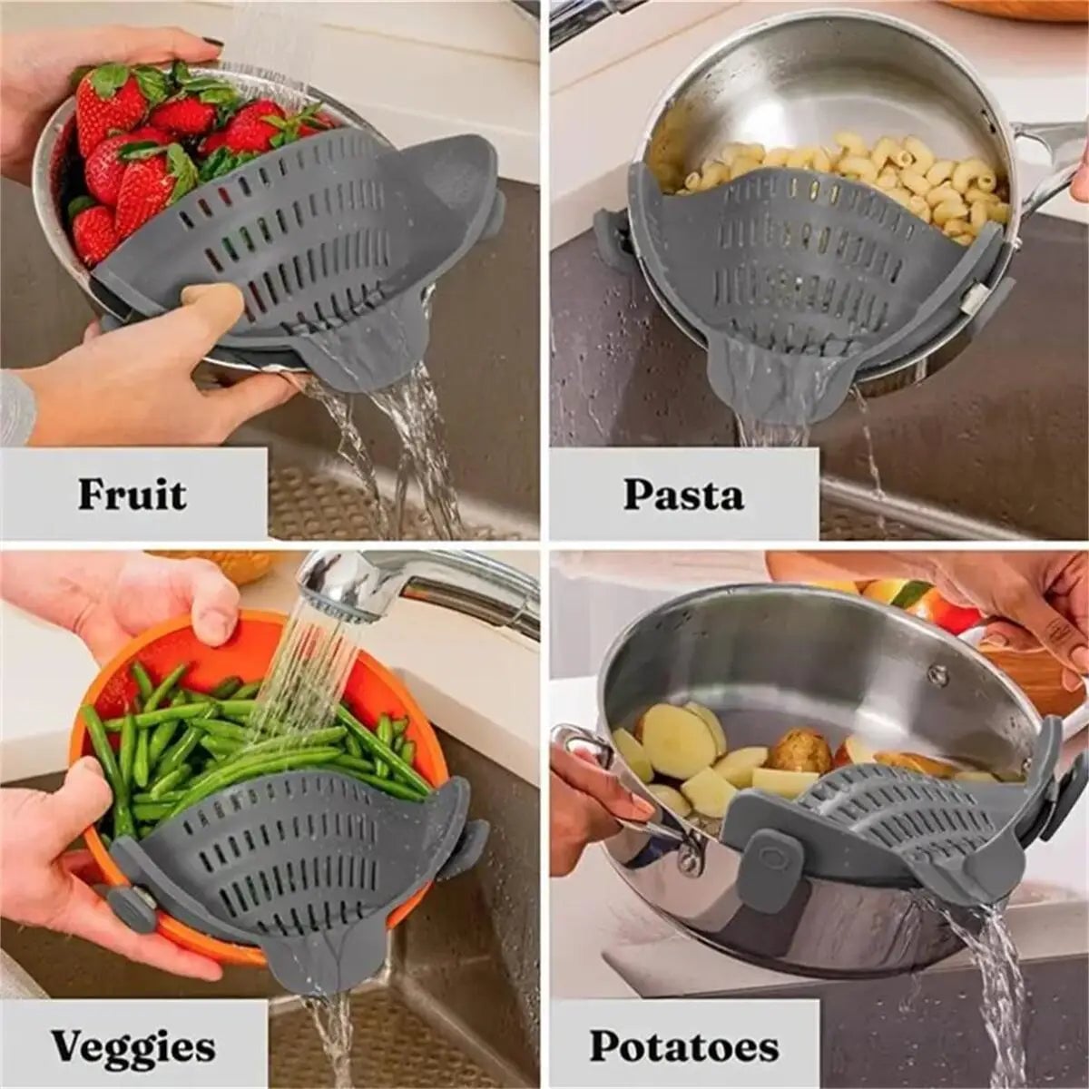 Adjustable Silicone Clip-On Strainer for Pots Pans Bowls - Pasta