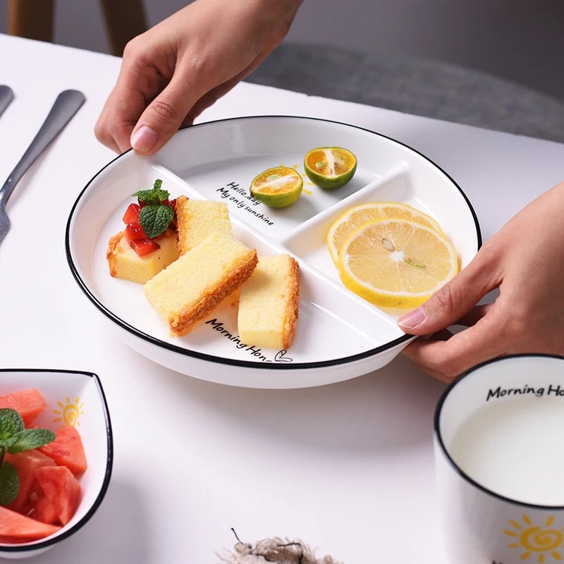 3-Panel Ceramic Divided Plate Cartoon Design Children's Breakfast