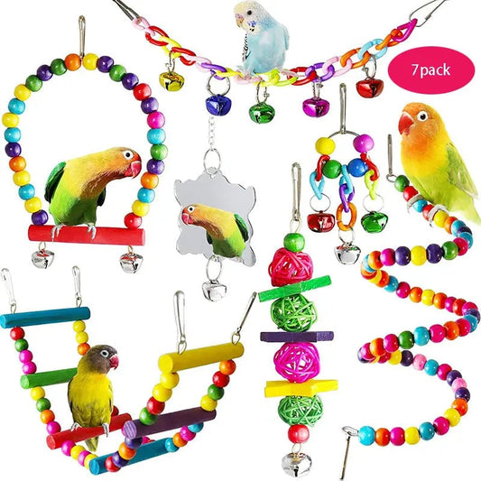 7PCS Wood Parrot Toy Set - Swing Bridge Bells Cage Accessories