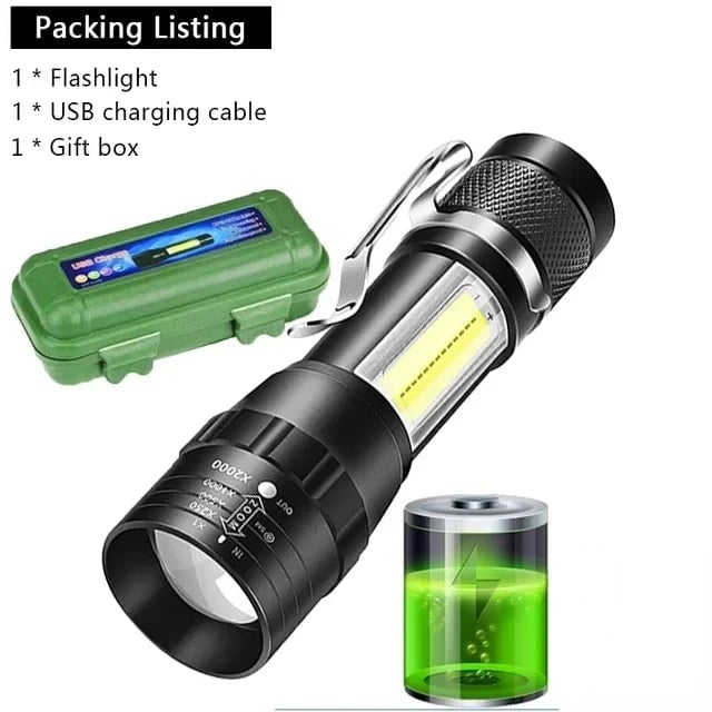 USB Rechargeable Mini Flashlight COB+XPE LED 3-Mode Zoomable Torch