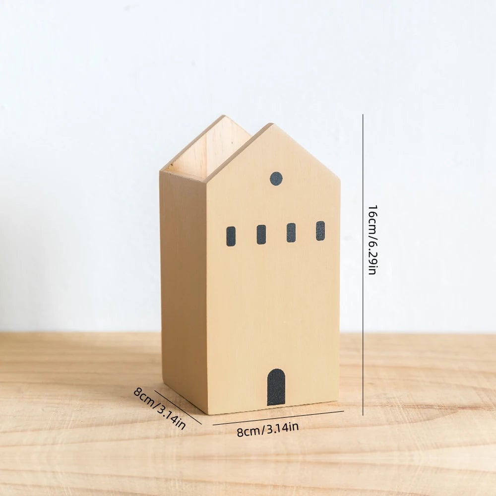 Cartoon House Wooden Pen Holder Desktop Storage Organiser Container