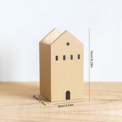 Cartoon House Wooden Pen Holder Desktop Storage Organiser Container