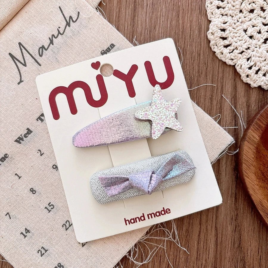 Silver PU Leather Hair Clips - Korean Style Snap Clips for Girls