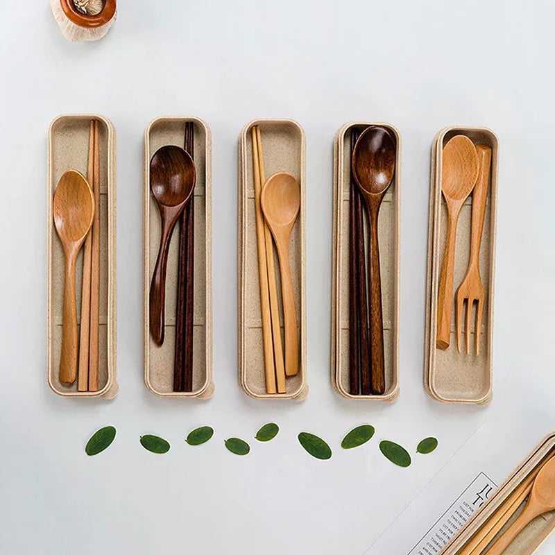 Handmade Natural Wood Dinner Set - Spoon Fork Chopsticks  Box