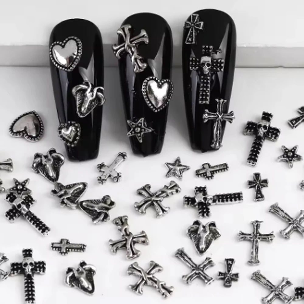 120pc Dark Vintage Cross Heart Metal Nail Art Patches Y2K Gothic Style