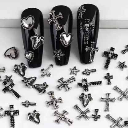 120pc Dark Vintage Cross Heart Metal Nail Art Patches Y2K Gothic Style