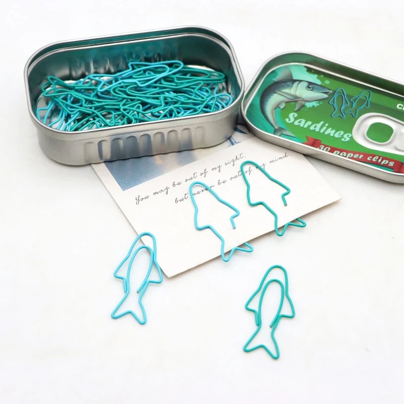 Sardine Cartoon Metal Paper Clips Bookmarks Set with Iron Storage Box