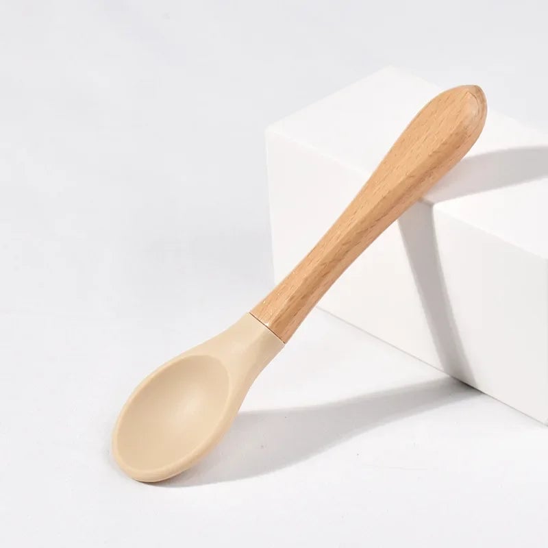 BPA Free Silicone Baby Spoon Fork Set - Wooden Handle Feeding