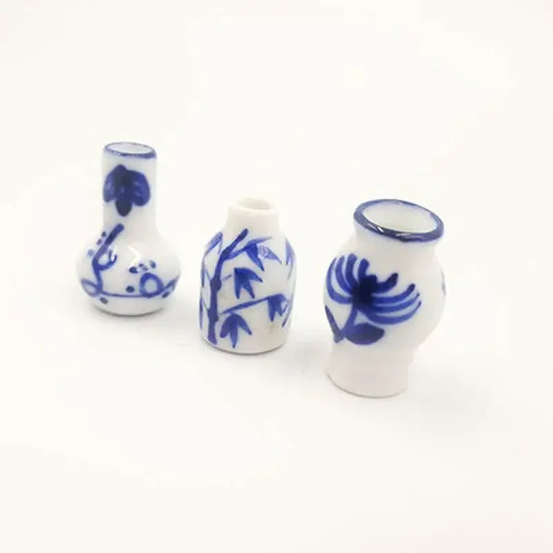 3pcs Mini Blue White Porcelain Vases Dollhouse Kitchen Ceramic Decor