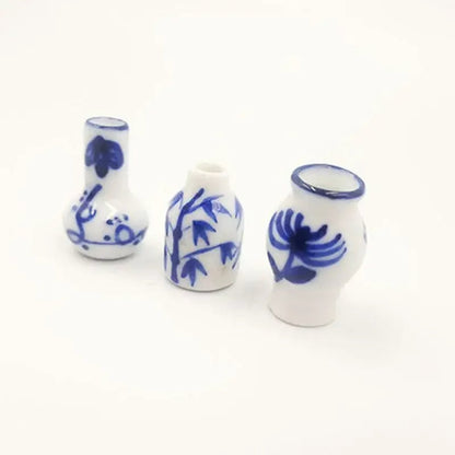 3pcs Mini Blue White Porcelain Vases Dollhouse Kitchen Ceramic Decor
