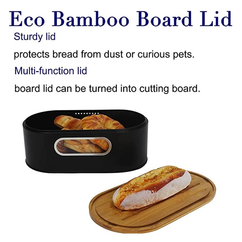 Large Black Bread Box with Bamboo Lid Cutting Board Kitchen Storage