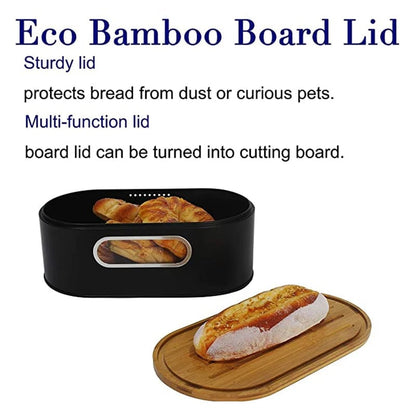 Large Black Bread Box with Bamboo Lid Cutting Board Kitchen Storage