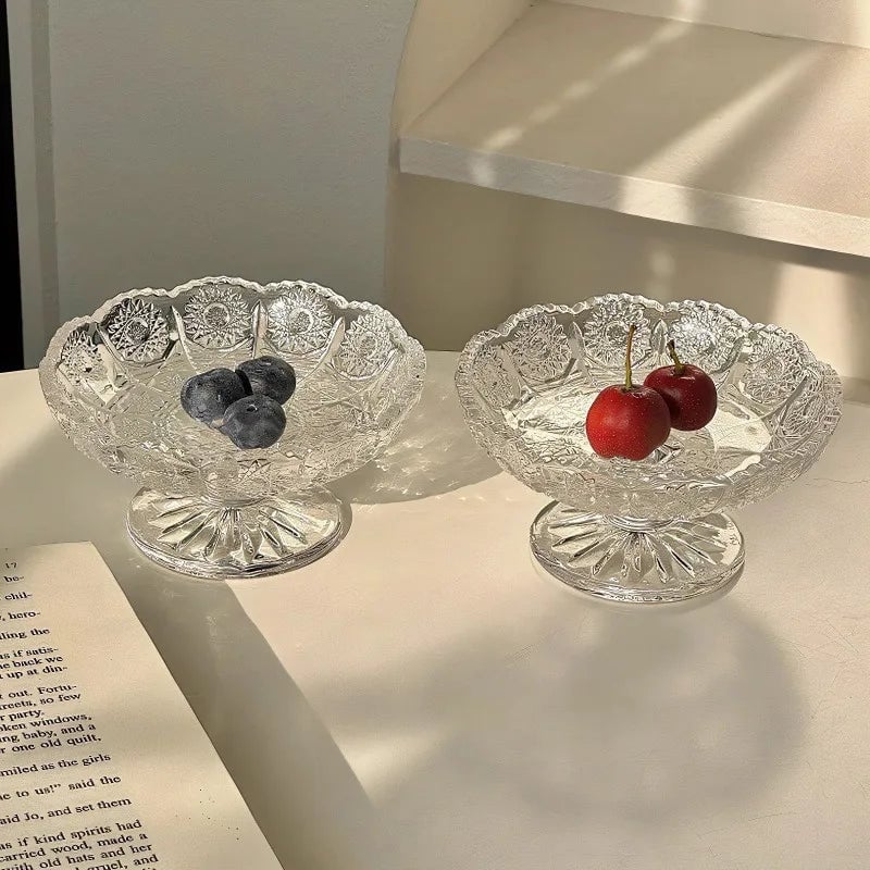 Relief Glass Fruit Tray - Transparent High Leg Dessert Bowl