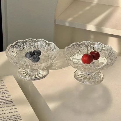 Relief Glass Fruit Tray - Transparent High Leg Dessert Bowl
