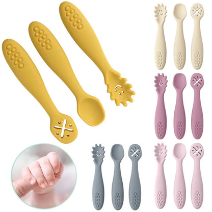3PCS Baby Learning Spoons Set - Soft Silicone Weaning Cutlery