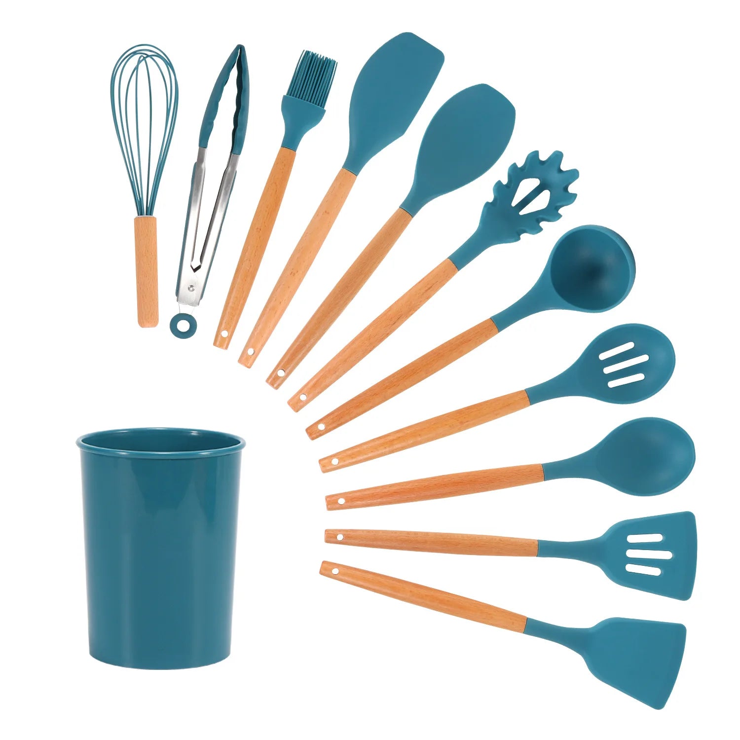 Blue Heat-Resistant Silicone Spatula Spoon with Wooden Handle