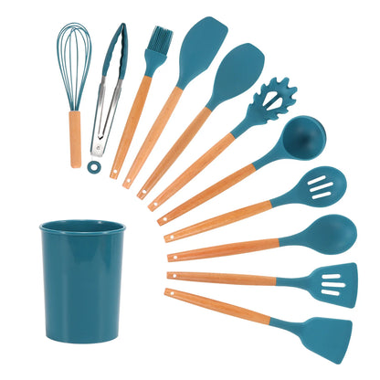 Blue Heat-Resistant Silicone Spatula Spoon with Wooden Handle