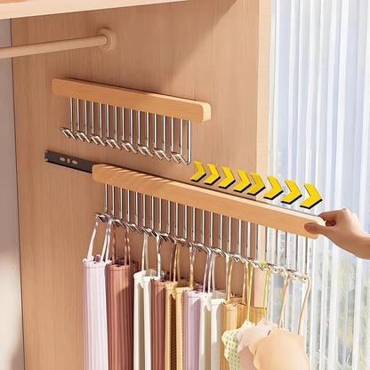 8/12 Hook Retractable Wood Clothes Hanger Wall-Mounted Organizer