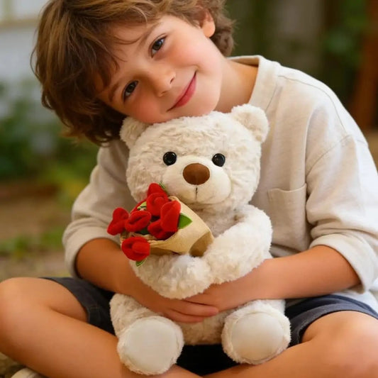 Plush Teddy Bear with Roses Stuffed Soft Toy Romantic Decor Gift