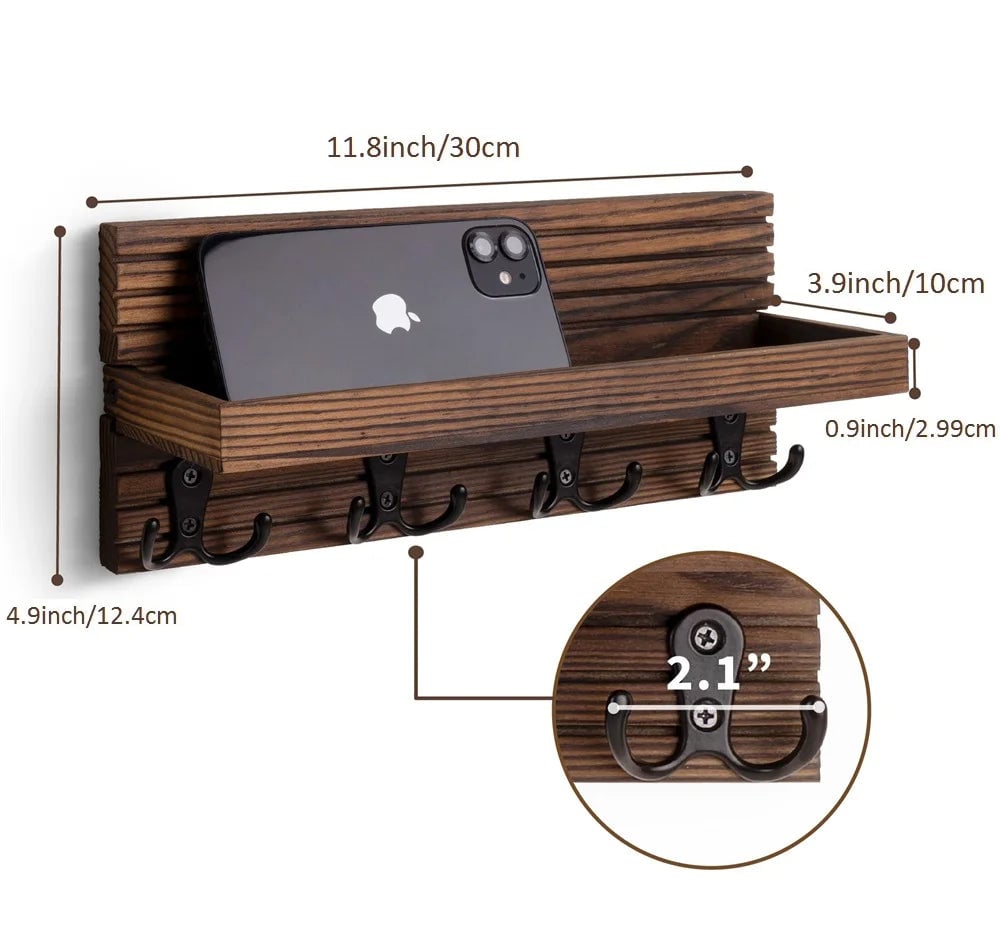 Wooden Wall Mount Key Holder Mail Organizer 4 Hooks Rustic Entryway