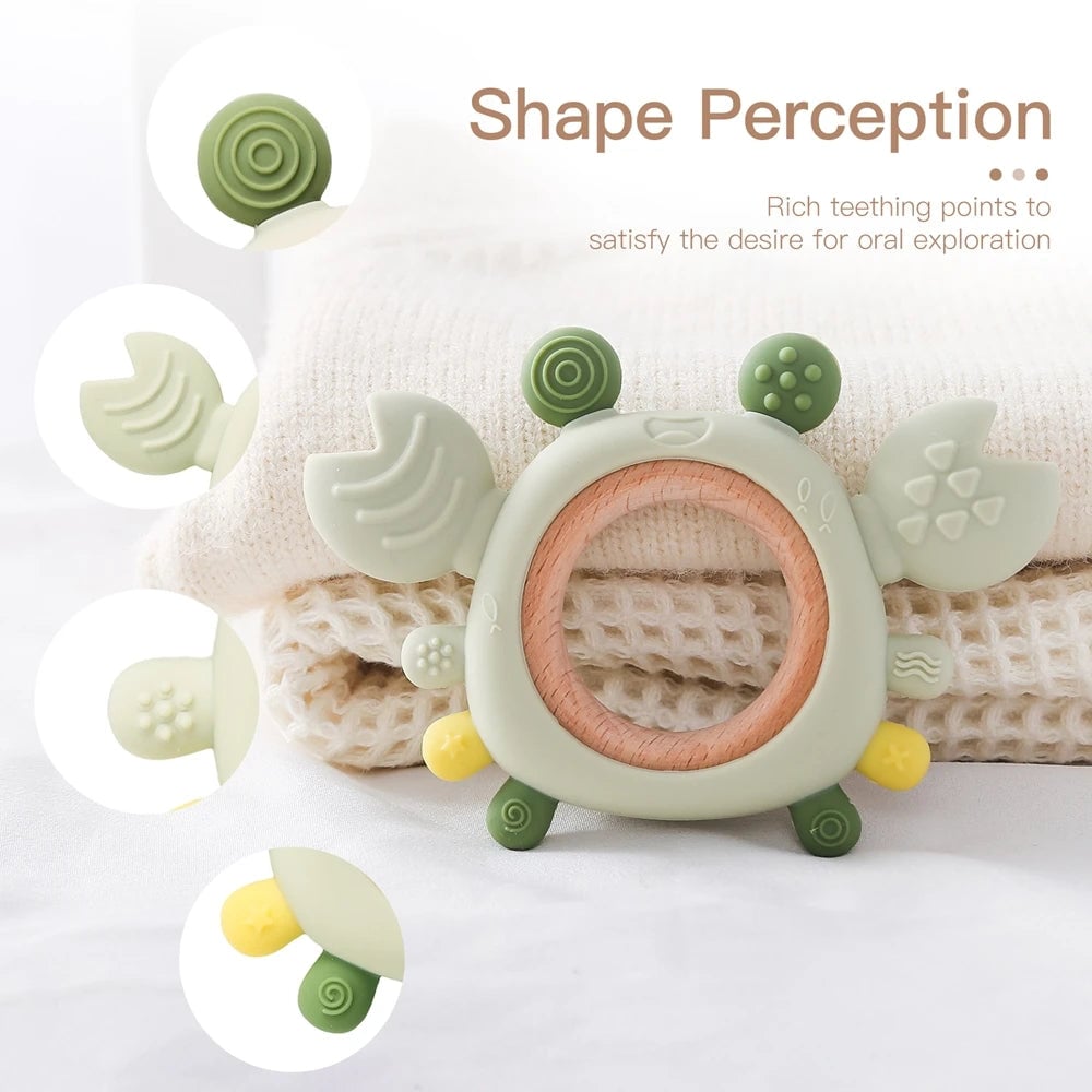 BPA Free Silicone Baby Teether 0-6 Months Wooden Ring Crab Toy