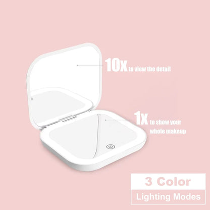 LED Compact Mirror 1X/2X Magnification Portable Folding Travel Makeup