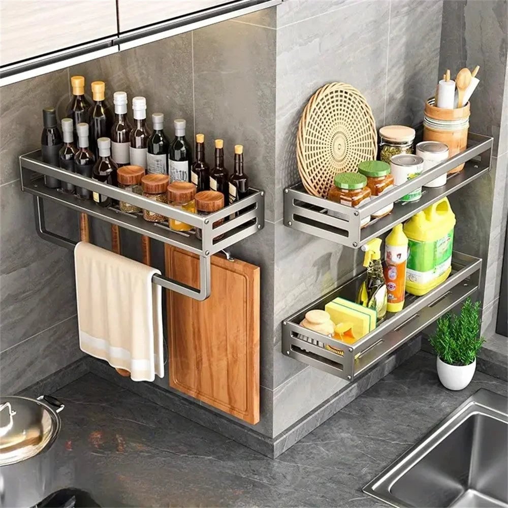 Aluminum Wall-Mounted Spice Rack with Hooks - Kitchen Storage Shelf