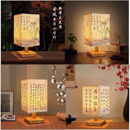 LED Dimmable Table Lamp Chinese Style Fabric Lampshade Bedroom Light