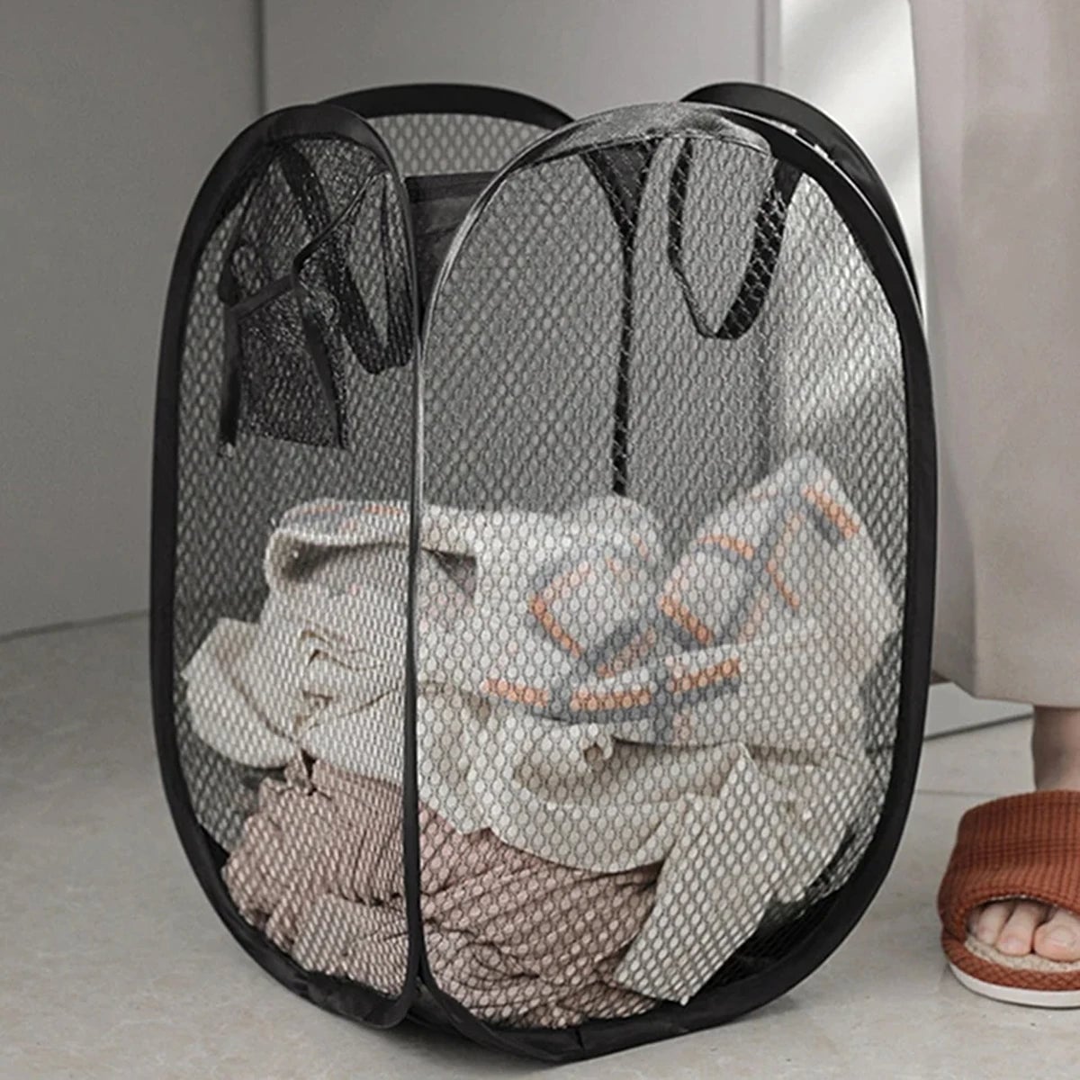 Foldable Mesh Laundry Sorting Basket with Frame - Dirty Clothes
