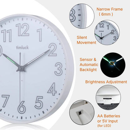 Silent LED Wall Clock Light Sensor Auto-Illuminated Non-Ticking