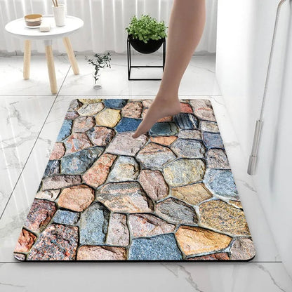 Cobblestone Print Bath Mat - Super Absorbent Quick Dry Rubber Backed