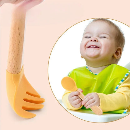 BPA Free Silicone Baby Spoon Fork Set - Wooden Handle Feeding