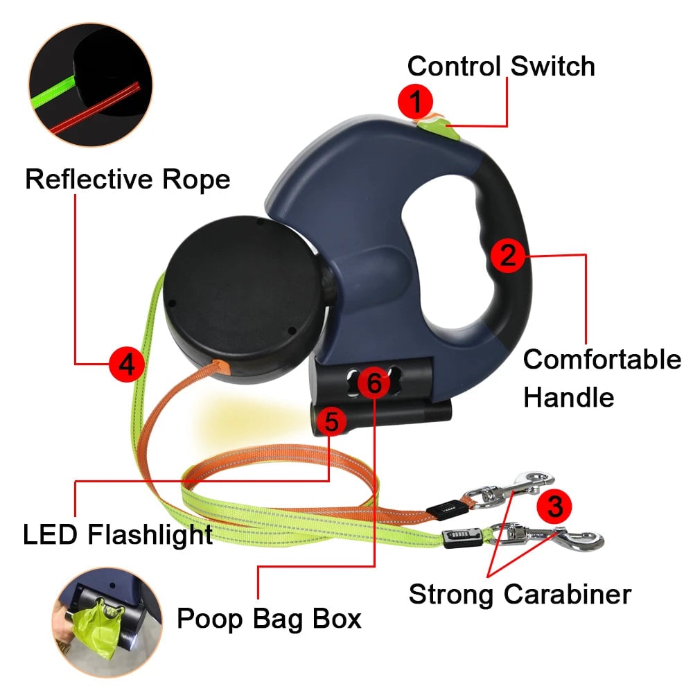 3m Retractable Dog Leash Dual Lead 360° Swivel Reflective Small Dogs