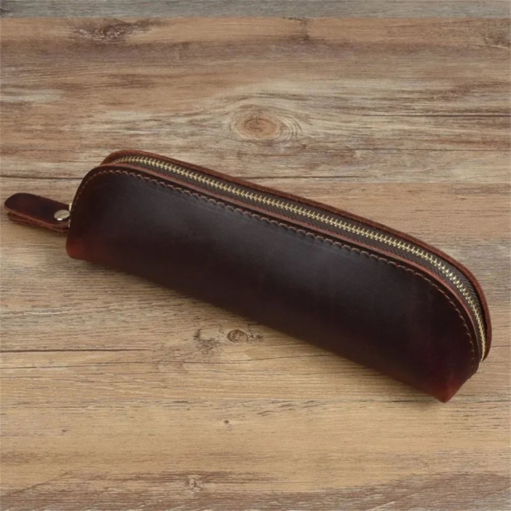 Leather Zipper Pencil Case & Makeup Pouch - Small Travel Organizer
