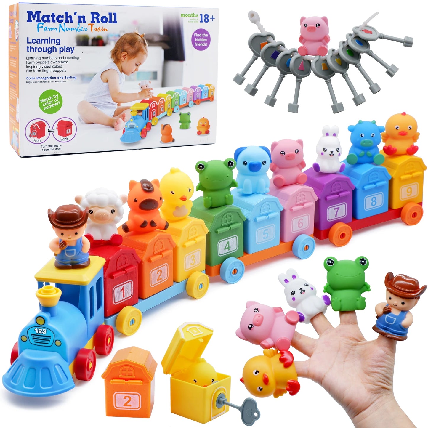 Montessori Farm Train Set - Counting Sorting Learning Toy Toddlers