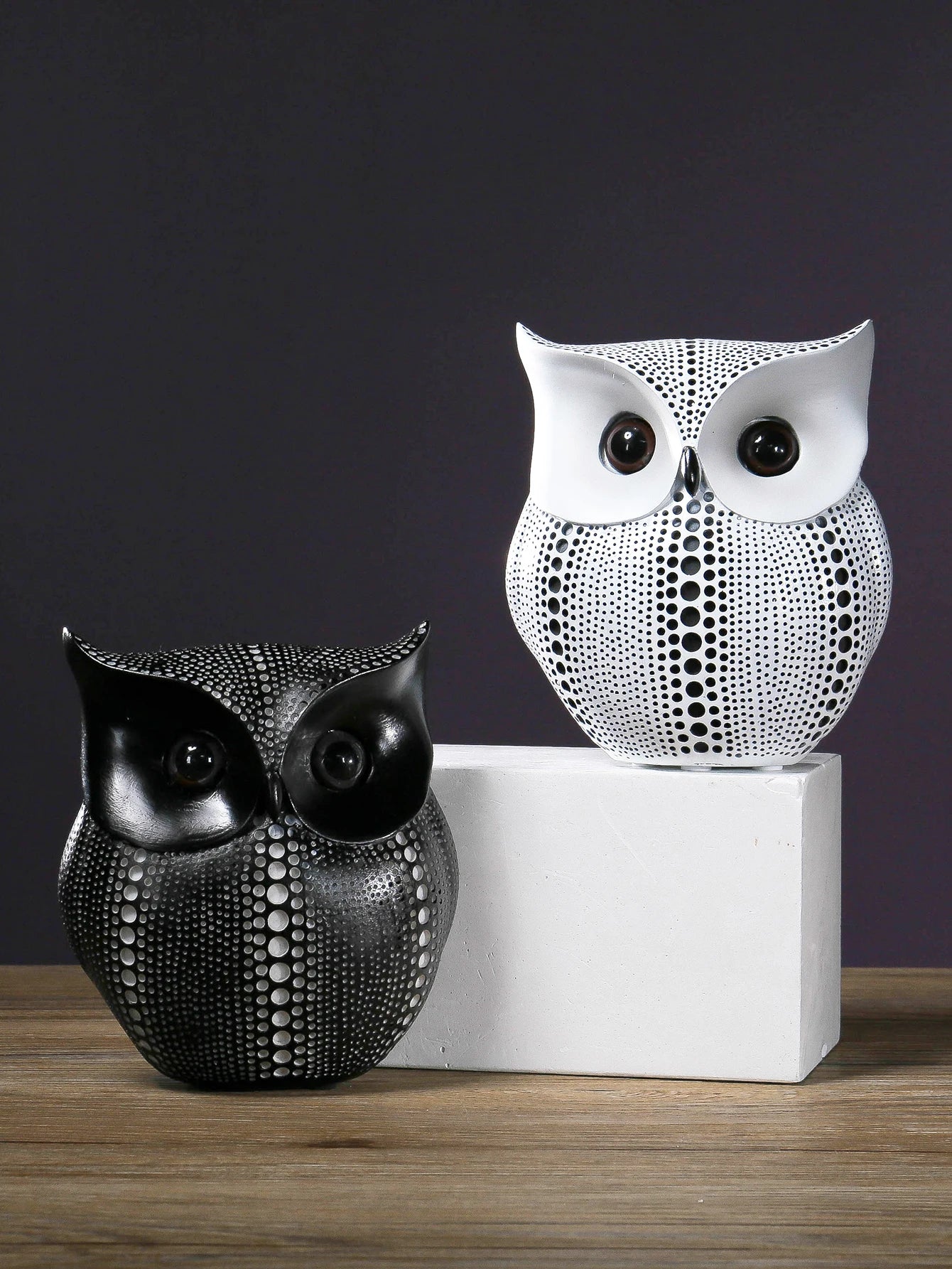 Resin Owl Statues Black White Animal Sculpture Home Decor Indoor