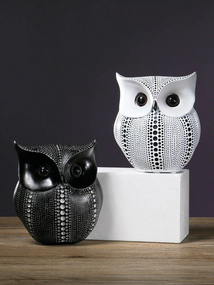 Resin Owl Statues Black White Animal Sculpture Home Decor Indoor
