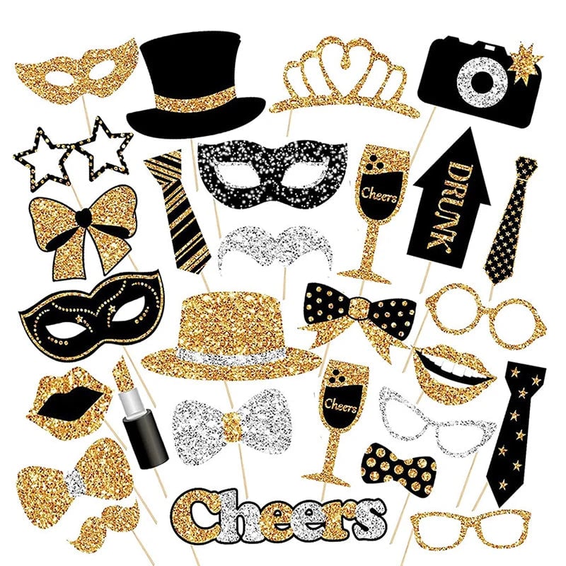 30pcs Black Gold Photo Booth Props Set Birthday Wedding Graduation