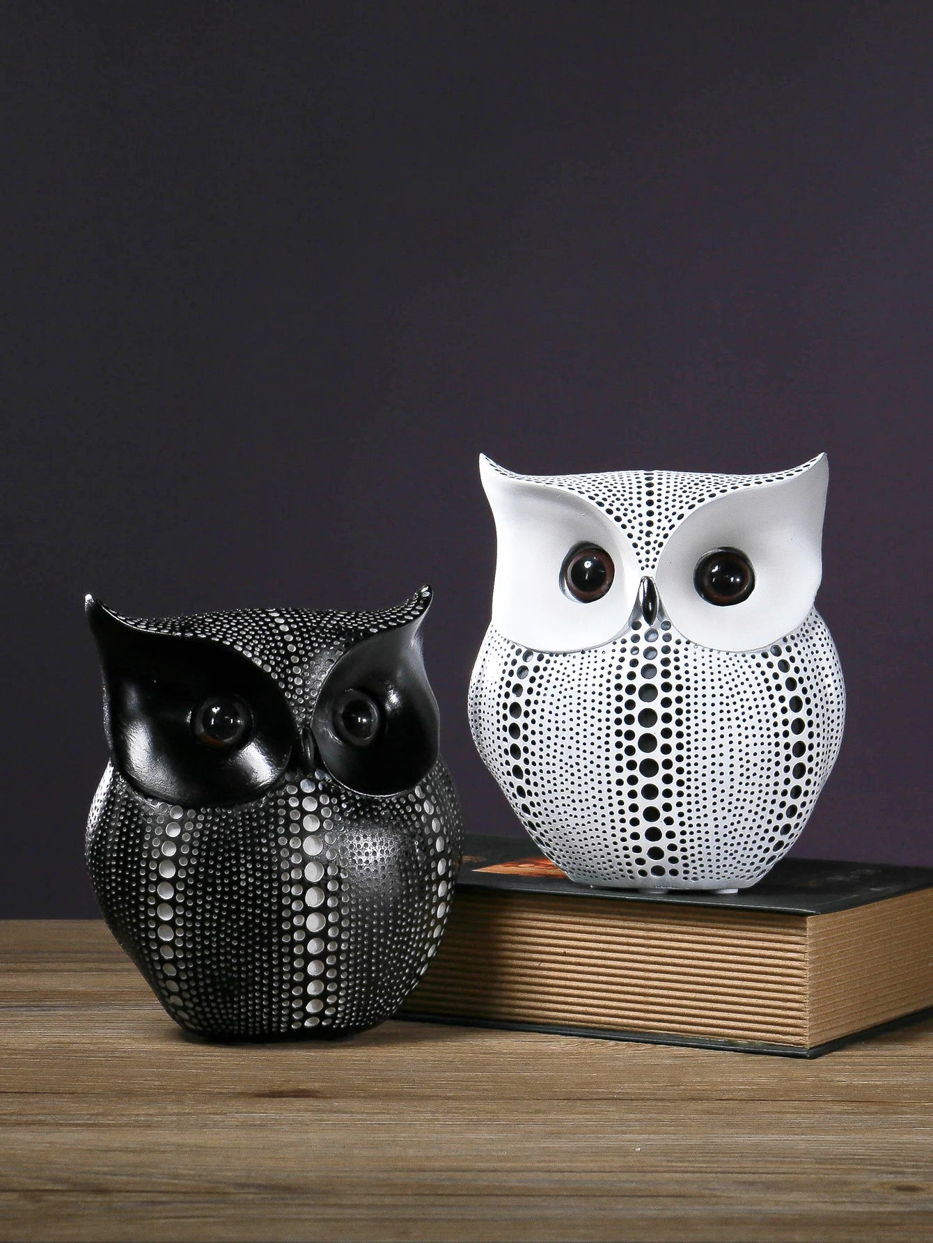 Resin Owl Statues Black White Animal Sculpture Home Decor Indoor