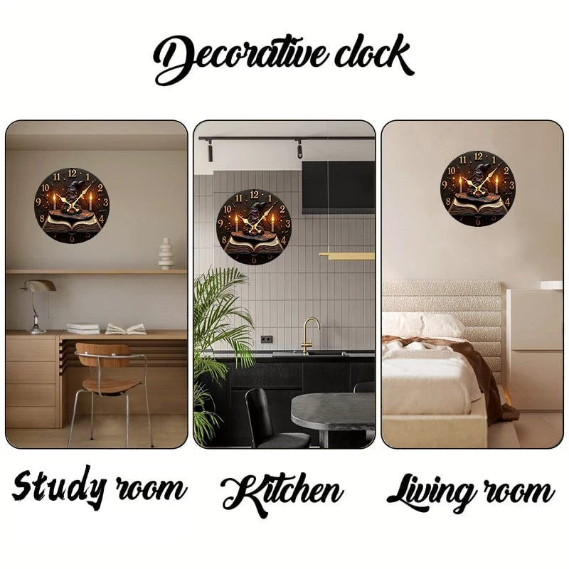 Wizard Hat Books Wooden Wall Clock Silent Round Home Decor