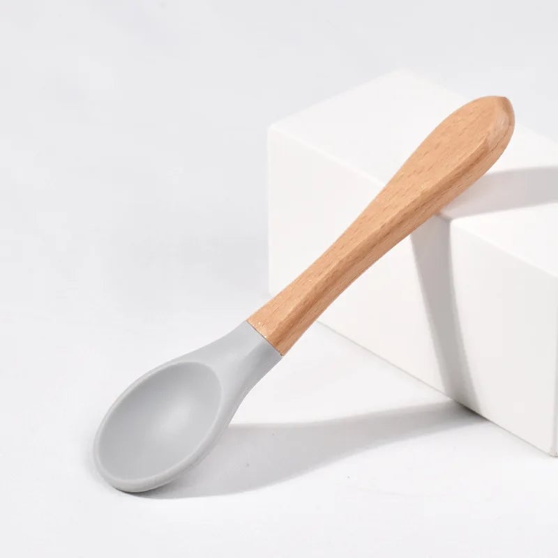 BPA Free Silicone Baby Spoon Fork Set - Wooden Handle Feeding