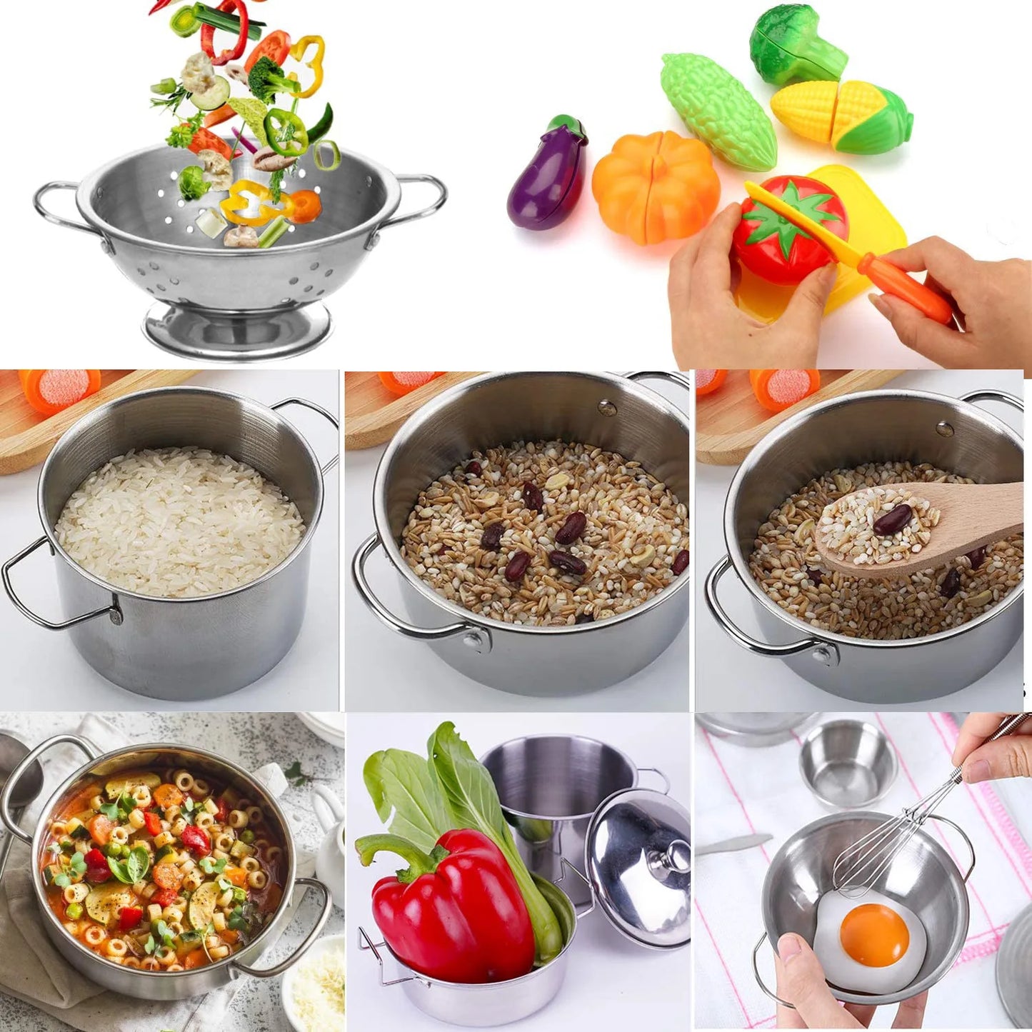 Kids Stainless Steel Cookware Play Set - Pots Pans Kitchen Utensils