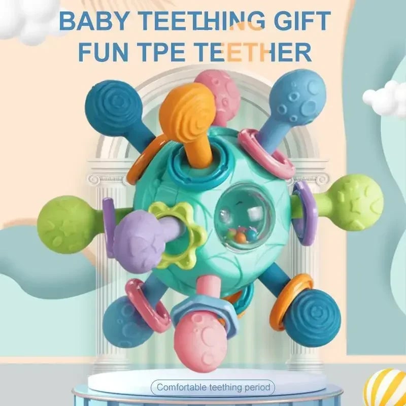 Rotating Rattle Ball Silicone Teether Baby Toy 0-12 Months Sensory